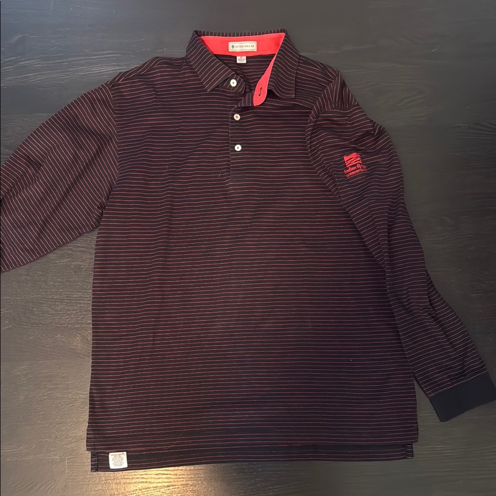 Peter Millar Long Sleeve Polo Men's M Black/Red Striped Indian Ridge CC
